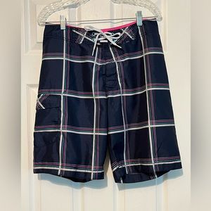EUC Old Navy navy blue plaid swim board shorts size M ~10in inseam